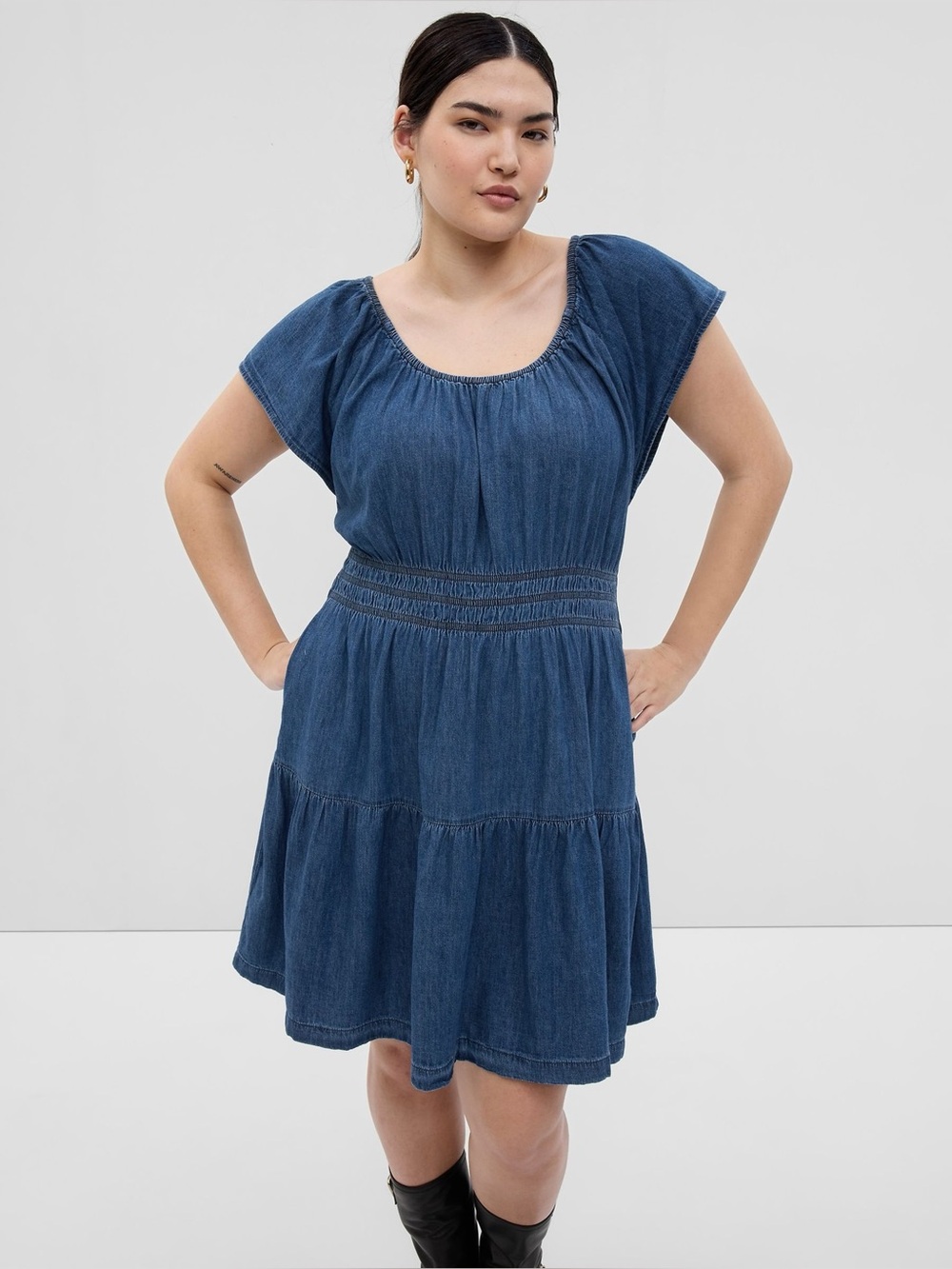 Blue Denim Tiered Short-Sleeve Women's Dress